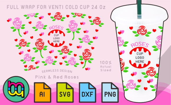 24oz Venti Cold Cup Fullwrap Rose Roses Graphics & Print Templates
